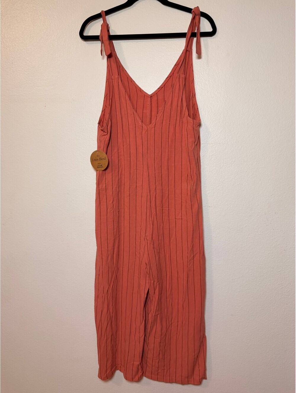 Urban Romantics Terracotta Pinstripe Jumpsuit L Wide Leg Linen NWT
